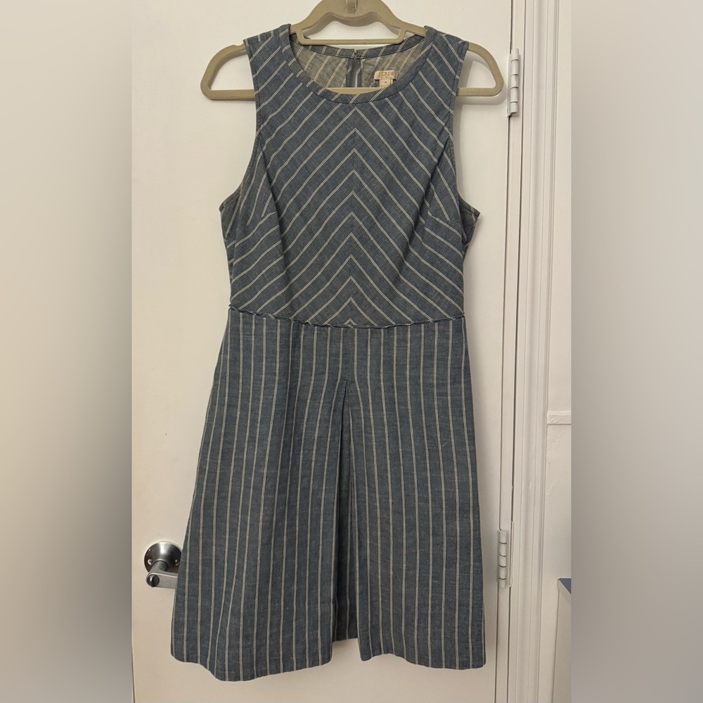 J. Crew Blue White Chevron Striped Pleated Sleeveless Dress, Size 10